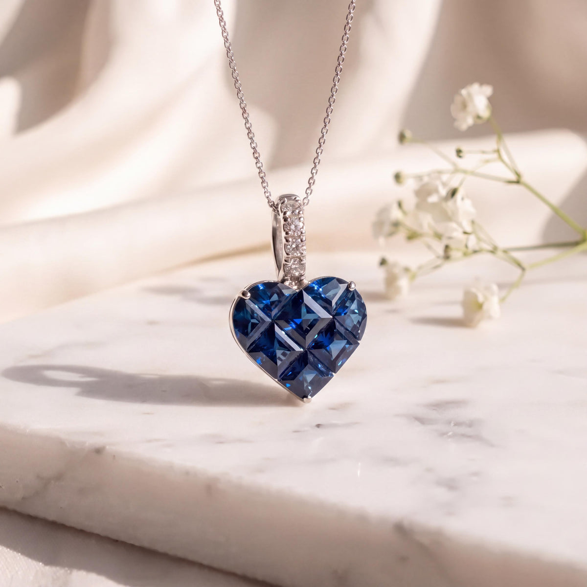 Genuine Sapphire Diamond Pavé Heart Pendant, 14k Solid Gold, September Birthstone, Gift for Her