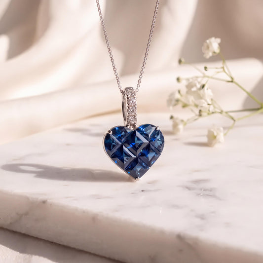 Genuine Sapphire Diamond Pavé Heart Pendant, 14k Solid Gold, September Birthstone, Gift for Her