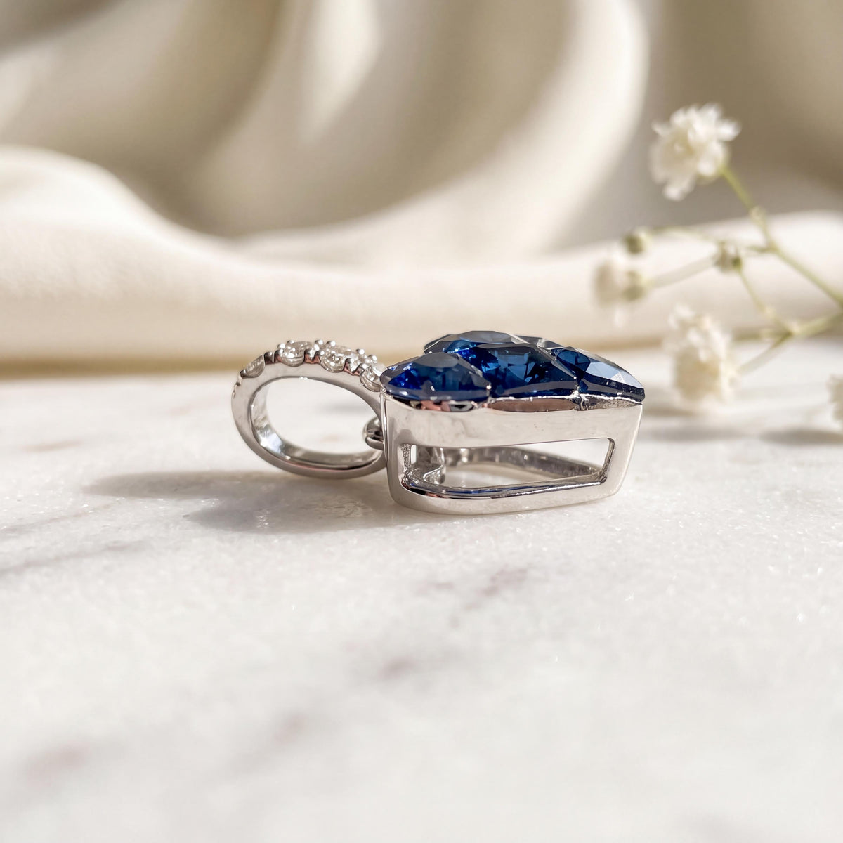 Genuine Sapphire Diamond Pavé Heart Pendant, 14k Solid Gold, September Birthstone, Gift for Her