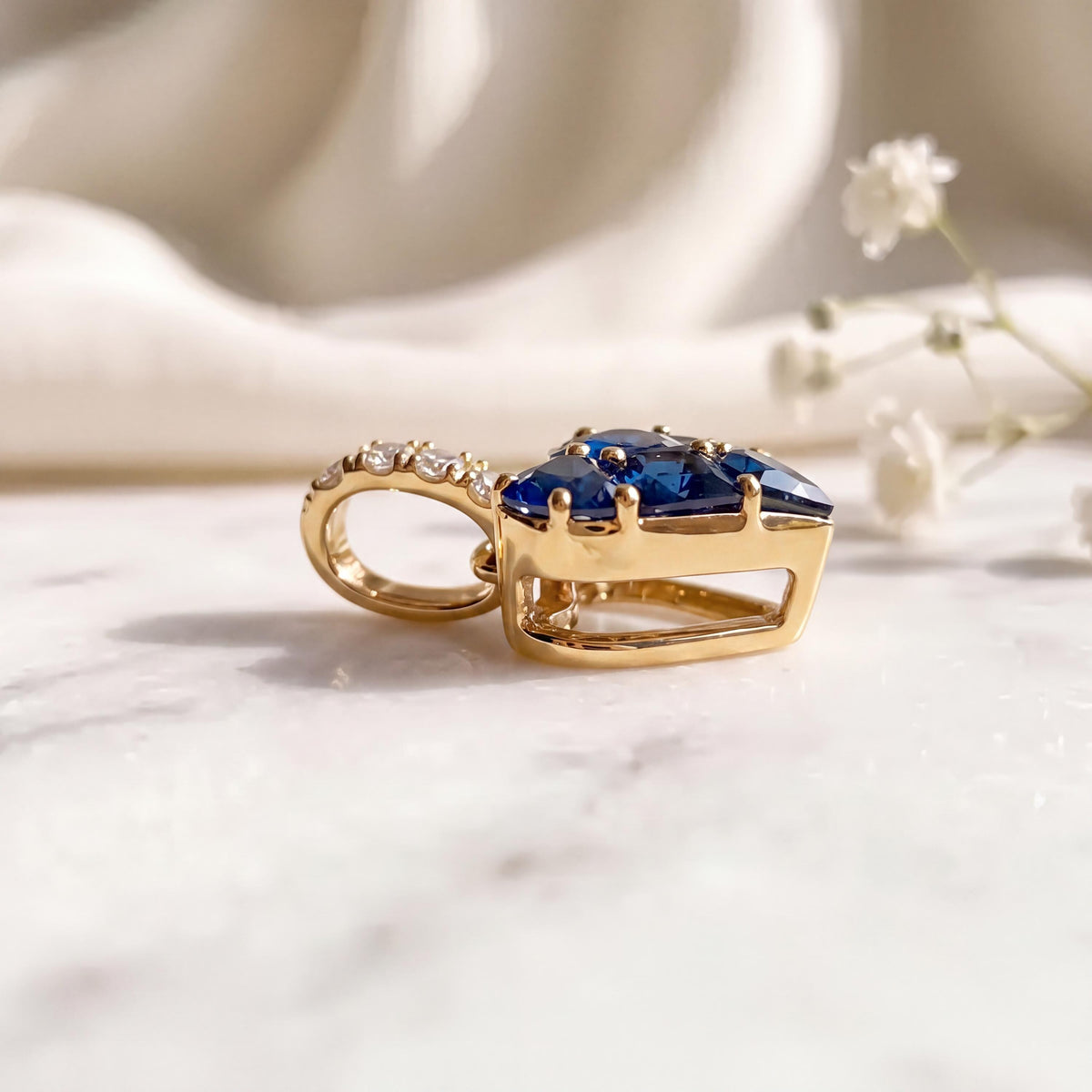 Genuine Sapphire Diamond Pavé Heart Pendant, 14k Solid Gold, September Birthstone, Gift for Her