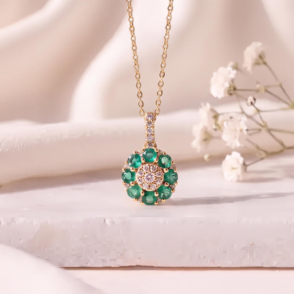 Genuine Emerald and Diamond Round Cluster Pendant | 14k Solid Gold
