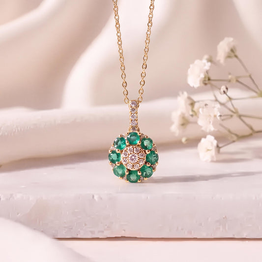 Genuine Emerald and Diamond Round Cluster Pendant | 14k Solid Gold