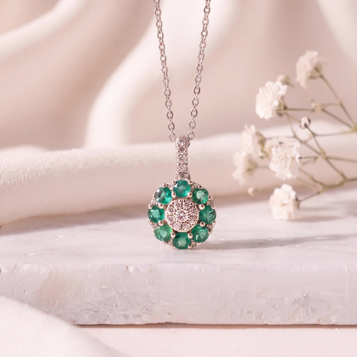 Genuine Emerald and Diamond Round Cluster Pendant | 14k Solid Gold