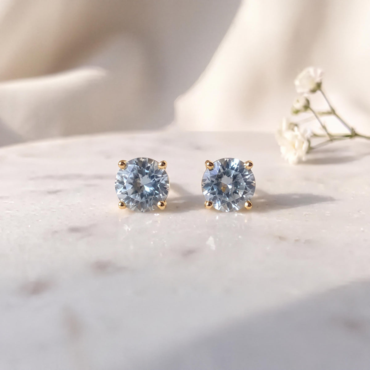 Genuine Aquamarine Round Cut Solitaire Stud Earrings, 4.8mm, 14k Solid Gold, March Birthstone