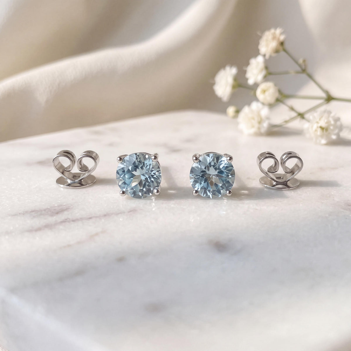 Genuine Aquamarine Round Cut Solitaire Stud Earrings, 4.8mm, 14k Solid Gold, March Birthstone