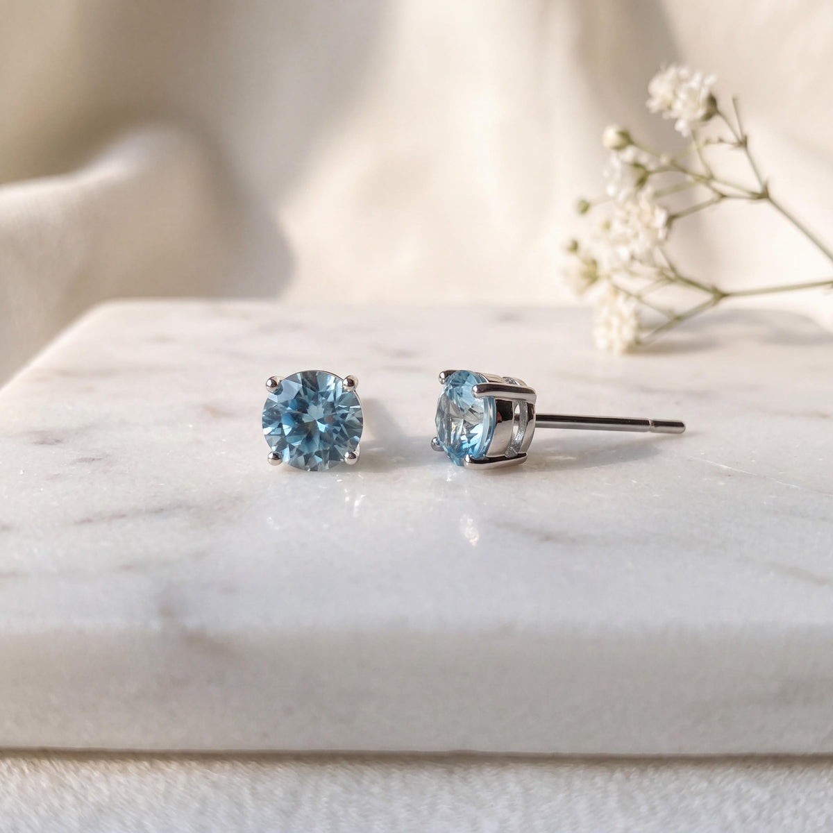 Genuine Aquamarine Round Cut Solitaire Stud Earrings, 4.8mm, 14k Solid Gold, March Birthstone