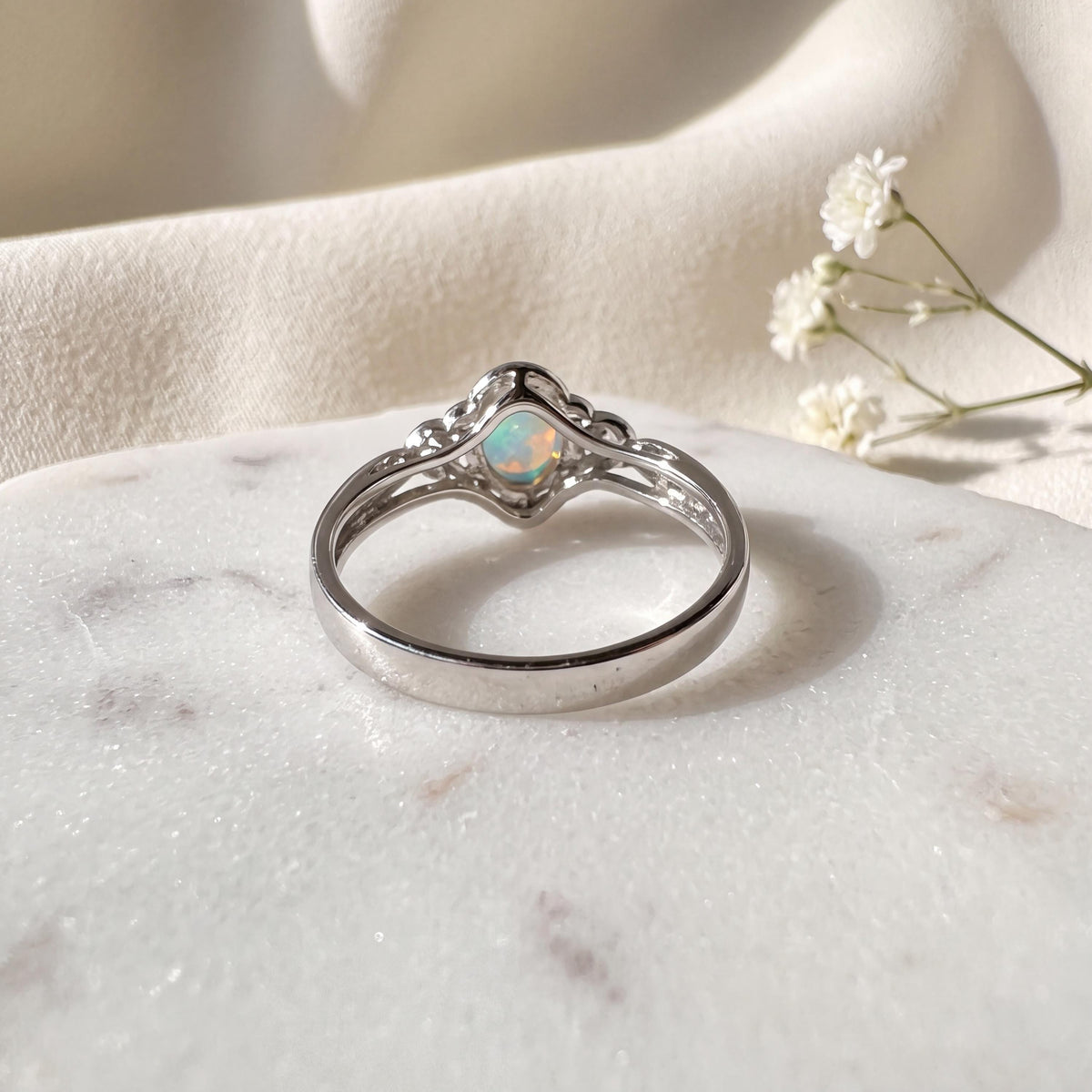 Cabochon Opal and Diamond Oval Ring, 14k Solid White Gold, October Birthstone, Gift for Her