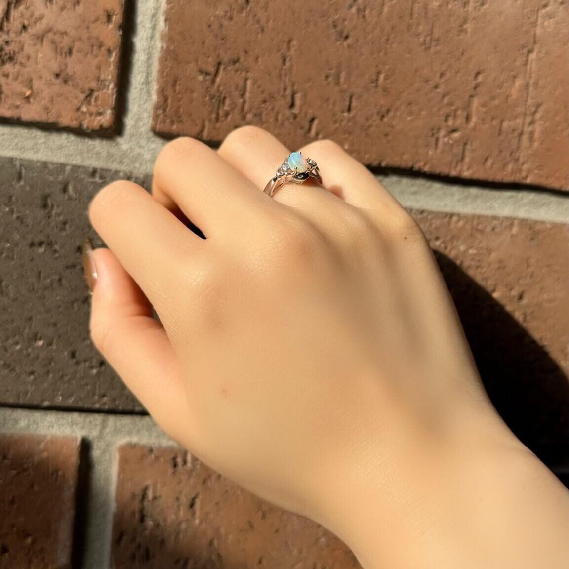 Cabochon Opal and Diamond Oval Ring, 14k Solid White Gold, October Birthstone, Gift for Her