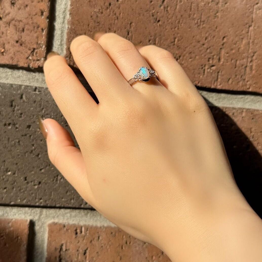 Cabochon Opal and Diamond Oval Ring, 14k Solid White Gold, October Birthstone, Gift for Her