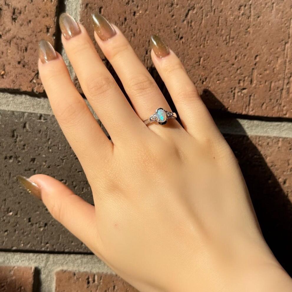 Cabochon Opal and Diamond Oval Ring, 14k Solid White Gold, October Birthstone, Gift for Her