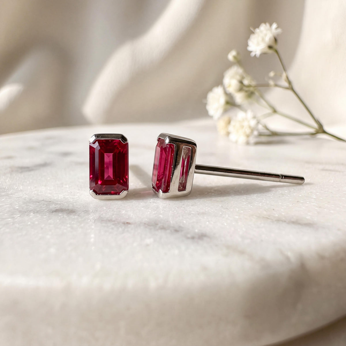 Genuine Ruby Mini Bezel Stud Earrings / 14k Solid Gold