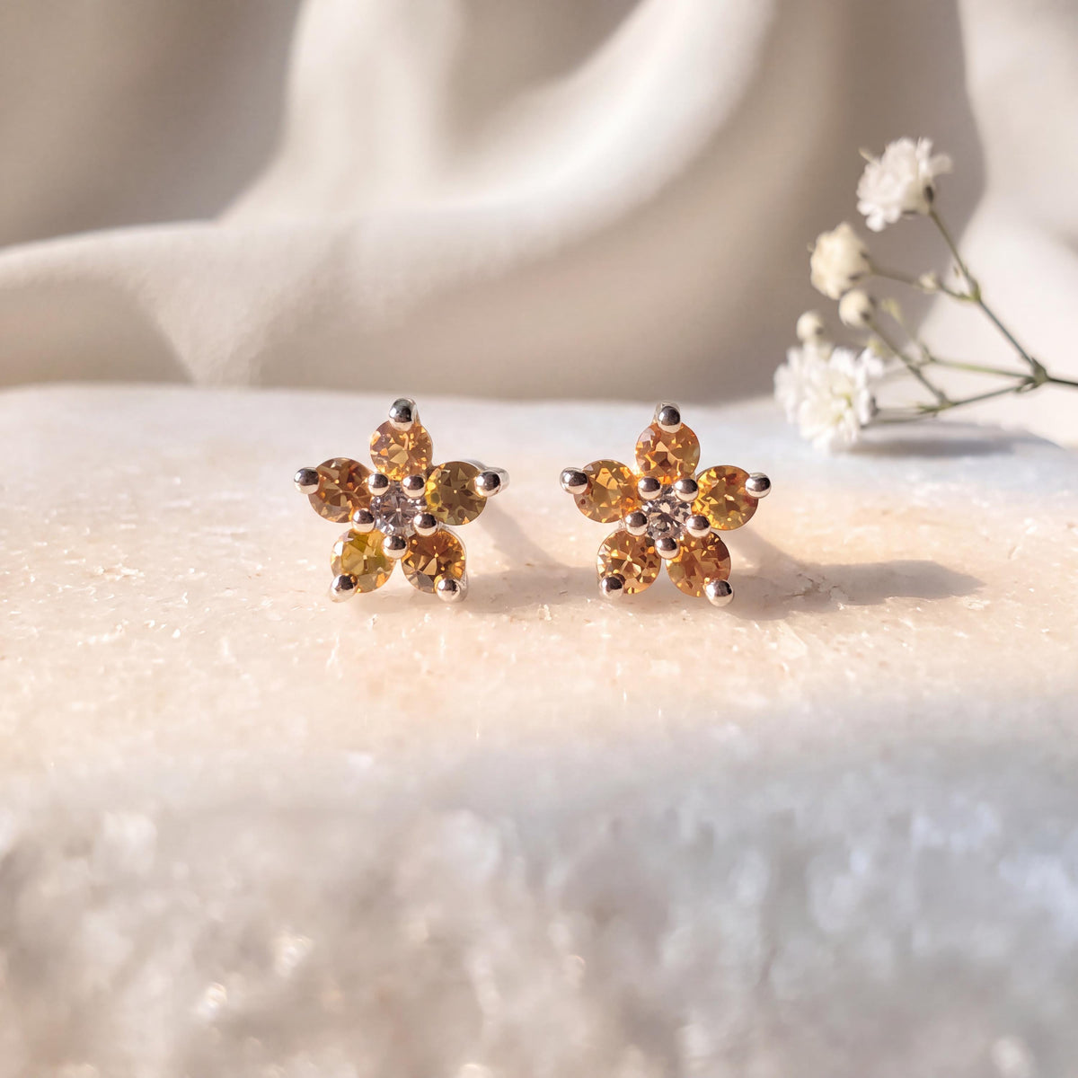 14k Solid Gold Orange Sapphire Diamond Flower Stud Earrings – Dainty Gemstone Pair