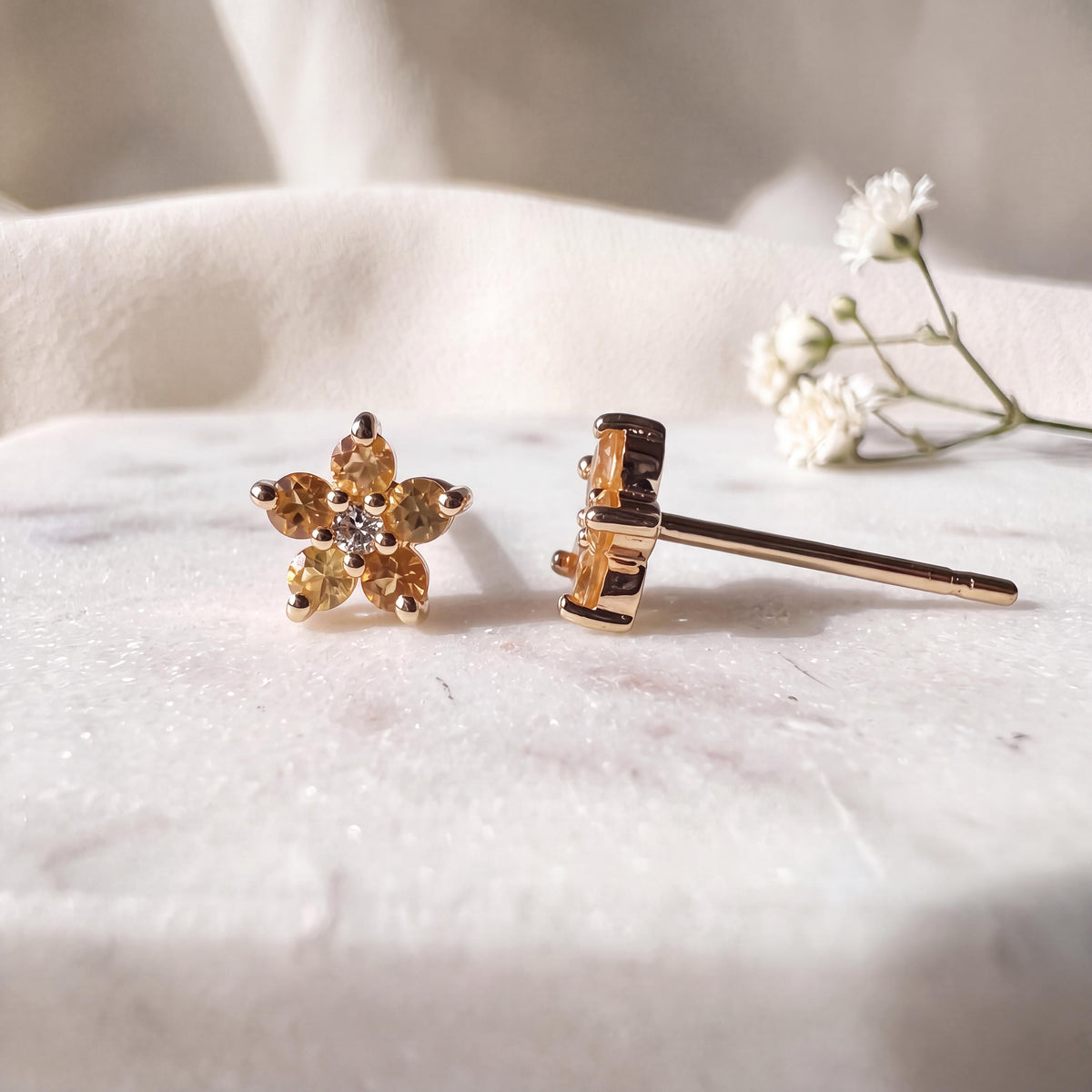 14k Solid Gold Orange Sapphire Diamond Flower Stud Earrings – Dainty Gemstone Pair