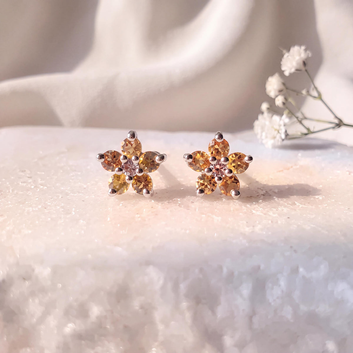 14k Solid Gold Orange Sapphire Diamond Flower Stud Earrings – Dainty Gemstone Pair