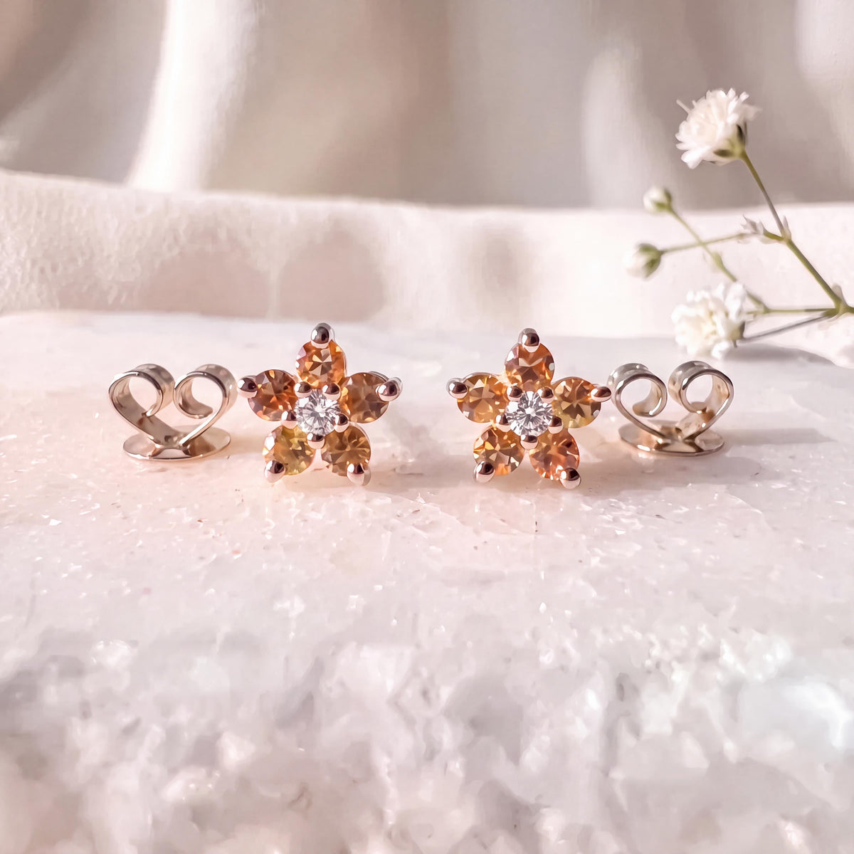14k Solid Gold Orange Sapphire Diamond Flower Stud Earrings – Dainty Gemstone Pair