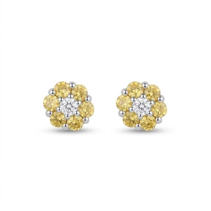 Genuine Yellow Sapphire Diamond Flower Stud Earrings, 18k or 14k Solid Gold, September Birthstone
