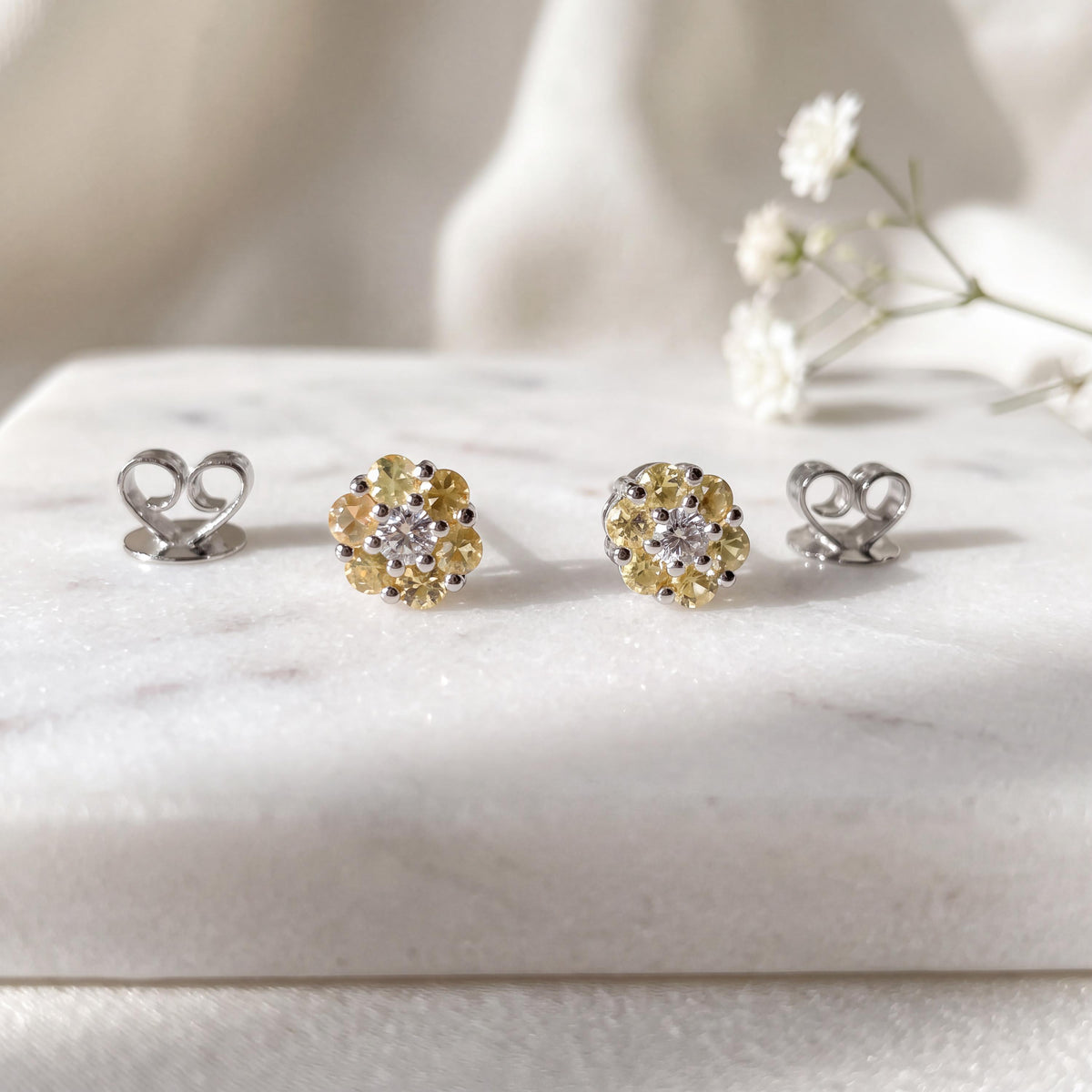 Genuine Yellow Sapphire Diamond Flower Stud Earrings, 18k or 14k Solid Gold, September Birthstone