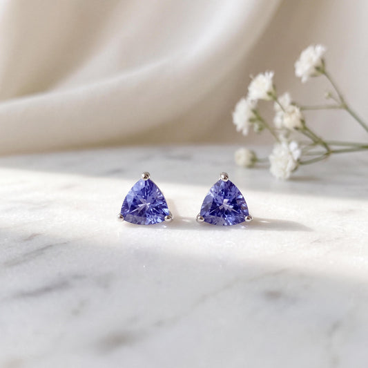 Genuine Tanzanite Trillion Cut Solitaire Stud Earrings, 18k Solid Gold, December Birthstone