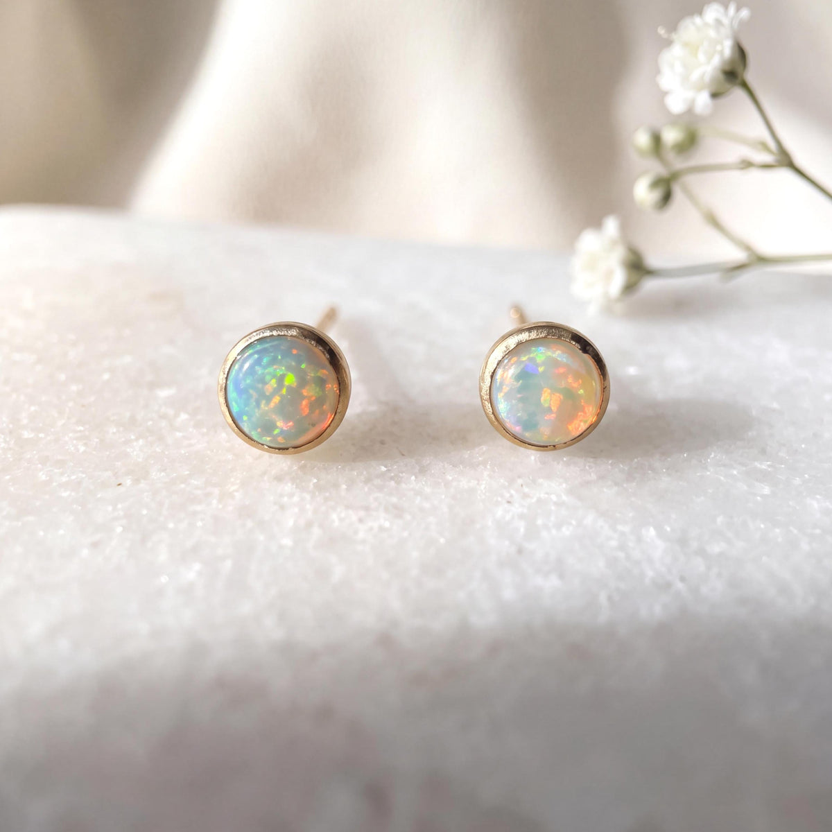 Genuine Fiery Round Opal Bezel Studs with Satin Finish | 14k Solid Gold