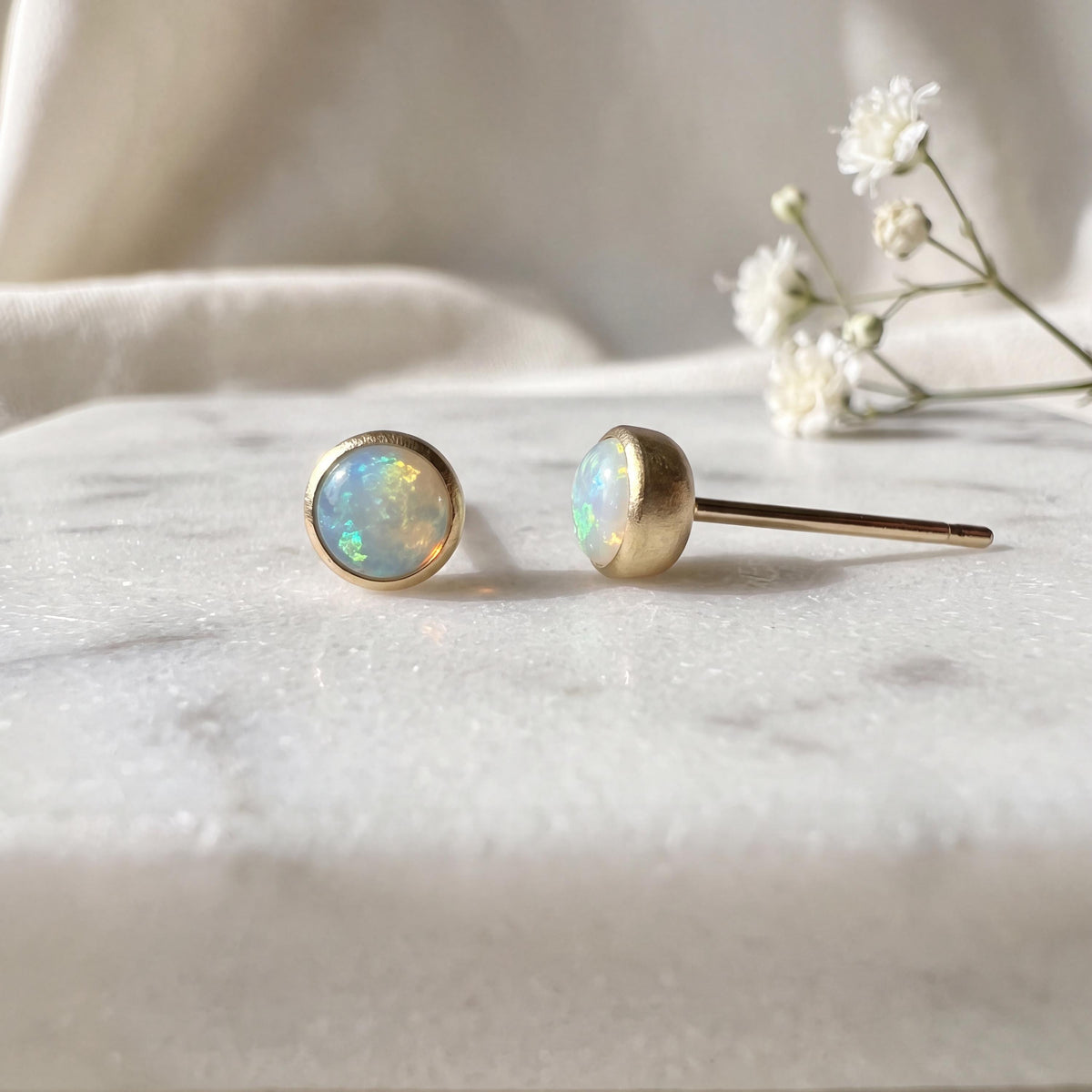 Genuine Fiery Round Opal Bezel Studs with Satin Finish | 14k Solid Gold