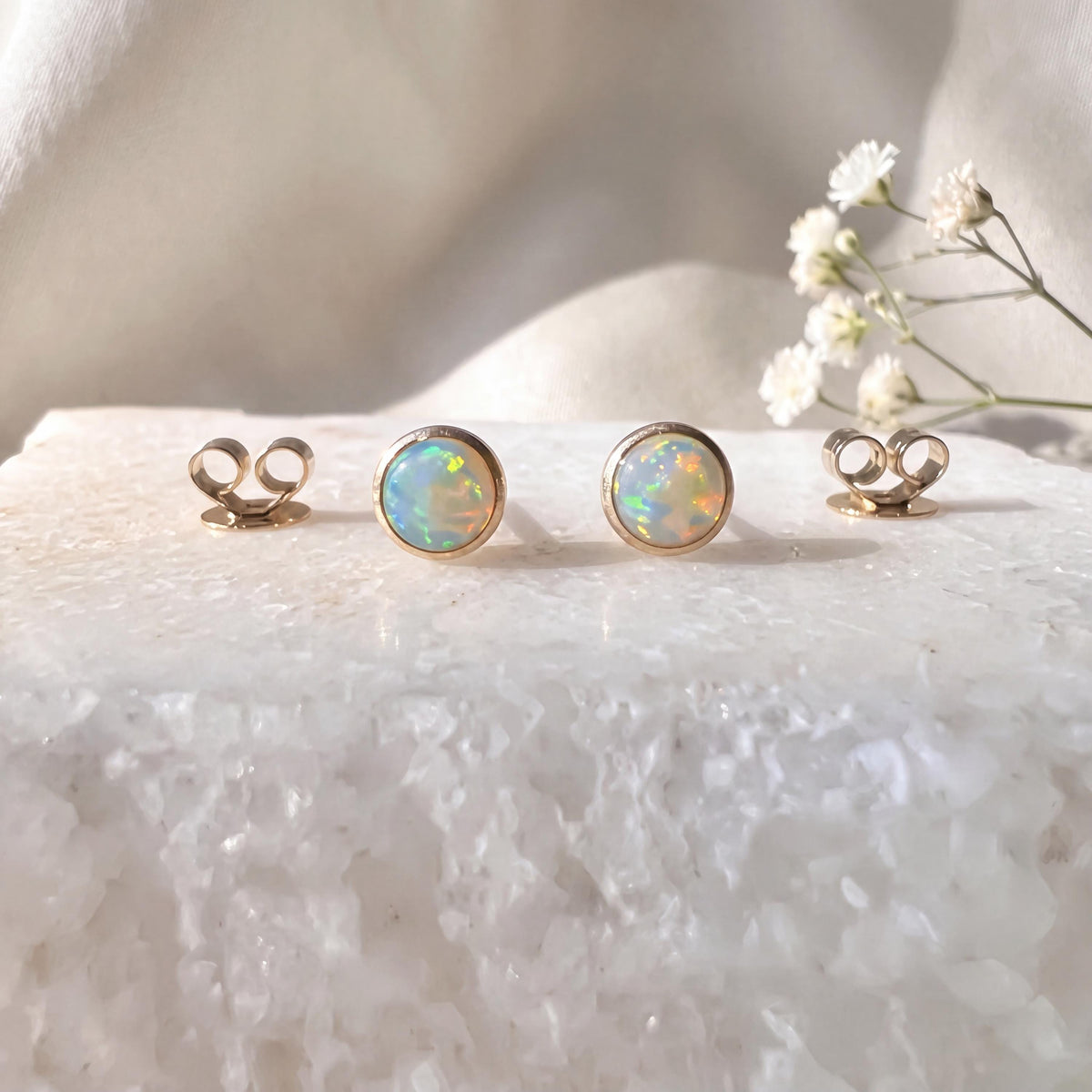 Genuine Fiery Round Opal Bezel Studs with Satin Finish | 14k Solid Gold