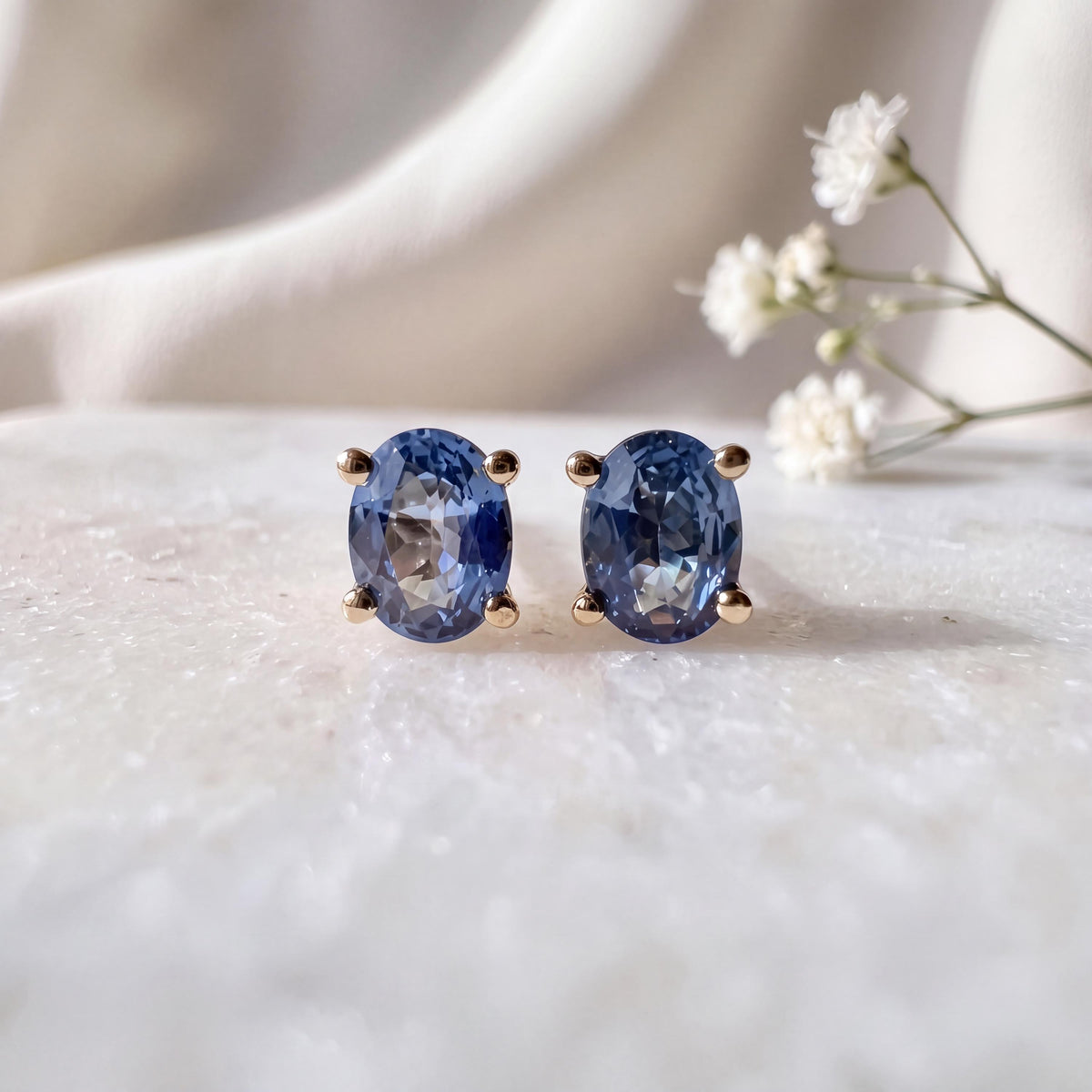 Oval Cut Ceylon Sapphire Stud Earrings, 14k Solid Gold, September Birthstone