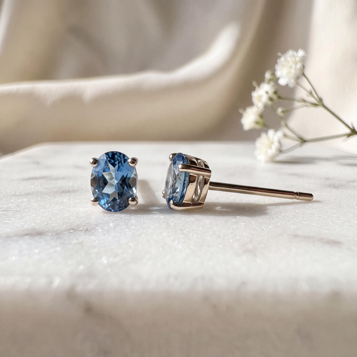Oval Cut Ceylon Sapphire Stud Earrings, 14k Solid Gold, September Birthstone