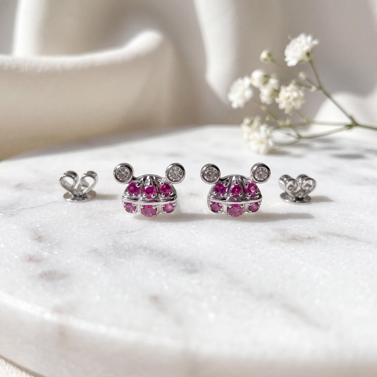 Genuine Ruby Mouse Earrings, 18k White Gold Diamond Cluster Studs