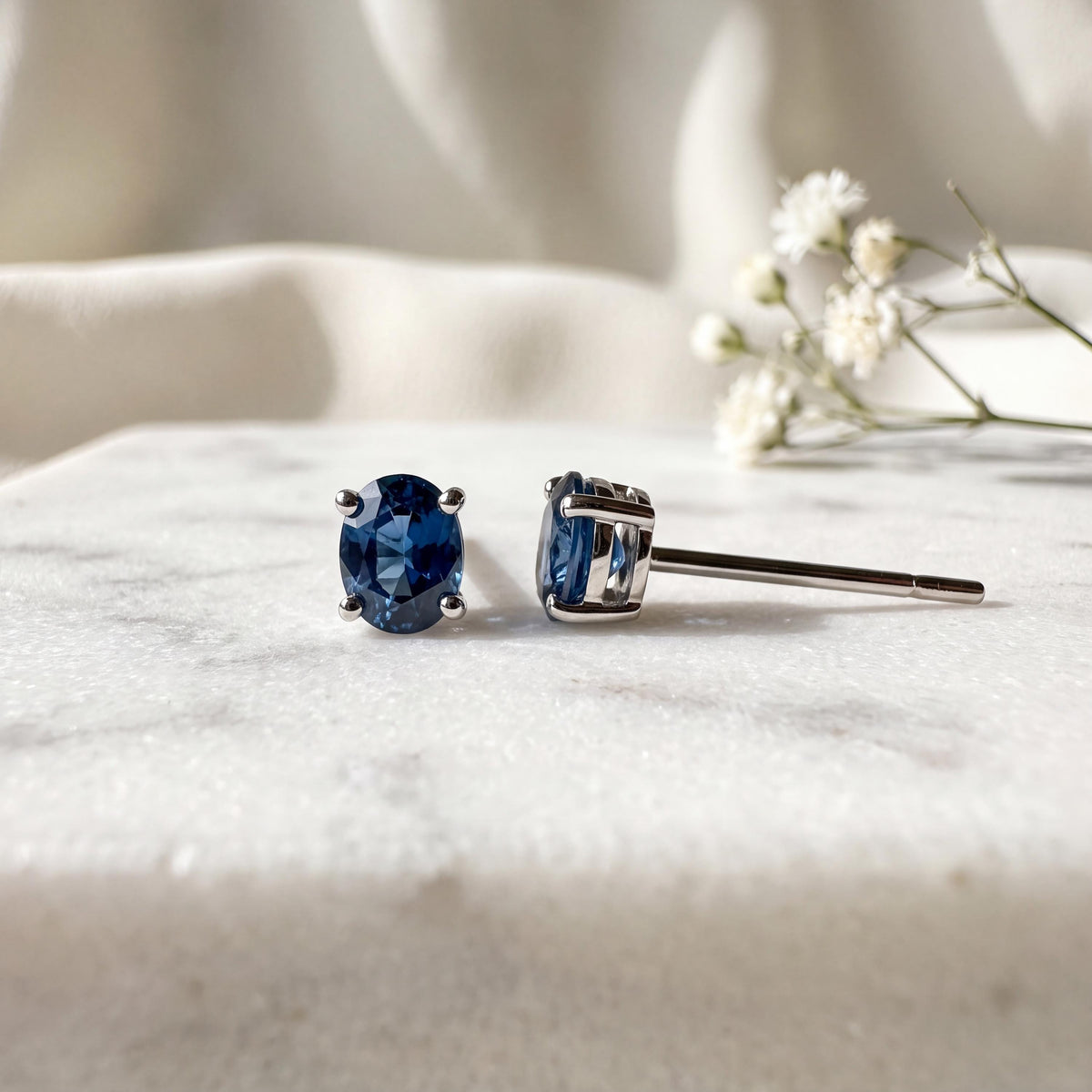 Oval Cut Ceylon Sapphire Stud Earrings, 14k Solid Gold, September Birthstone