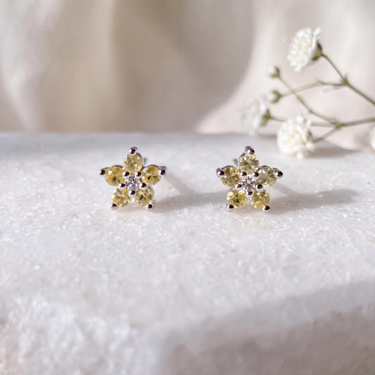 Genuine Yellow Sapphire Diamond Flower Stud Earrings in 18k Solid White Gold