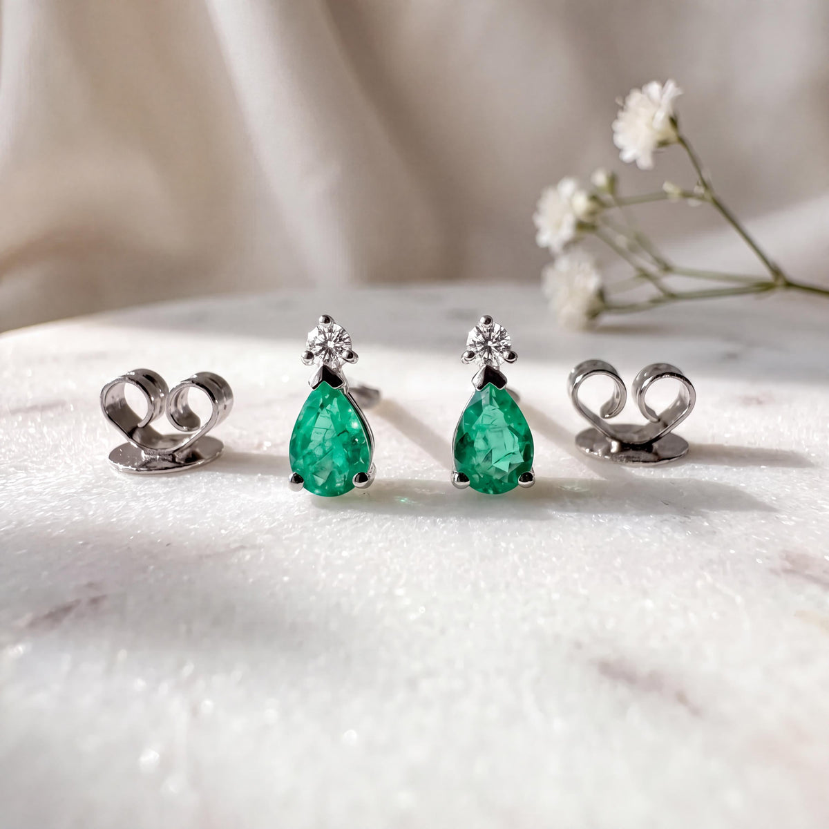 Pear Cut Emerald Diamond Stud Earrings, 14k Solid Gold, May Birthstone