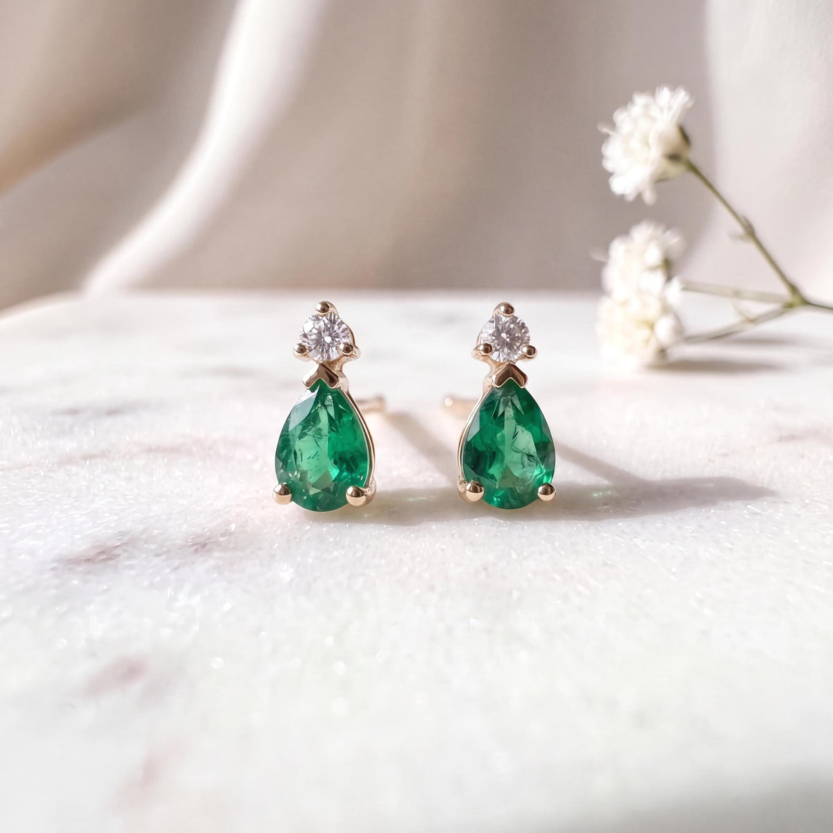 Pear Cut Emerald Diamond Stud Earrings, 14k Solid Gold, May Birthstone