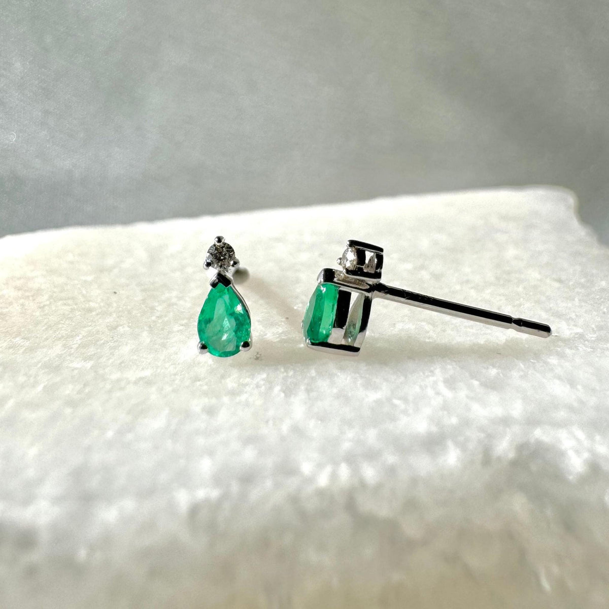 Pear Cut Emerald Diamond Stud Earrings, 14k Solid Gold, May Birthstone