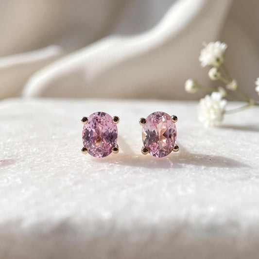 Genuine Oval Pink Sapphire 4mm Solitaire Stud Earrings, 14k Solid Gold, September Birthstone