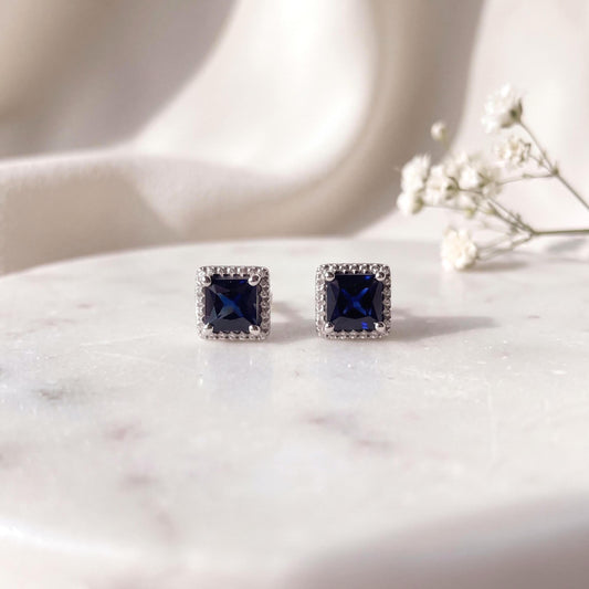 Genuine Sapphire Princess Cut Solitaire Stud Earrings, 14k White Gold, Milgrain Bezel, September Birthstone