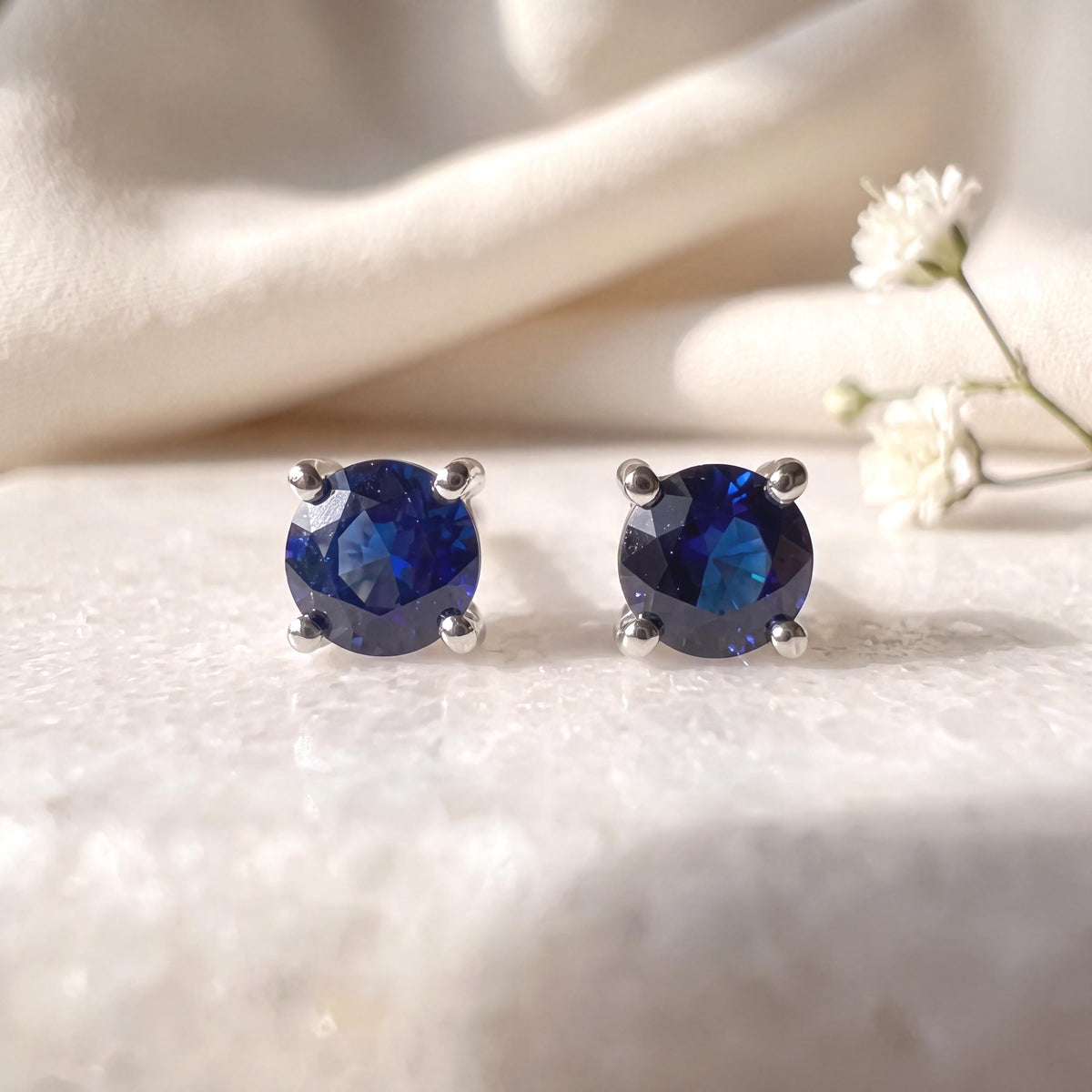Genuine Sapphire Round Cut Solitaire Stud Earrings, 3mm, 14k Solid Gold, September Birthstone