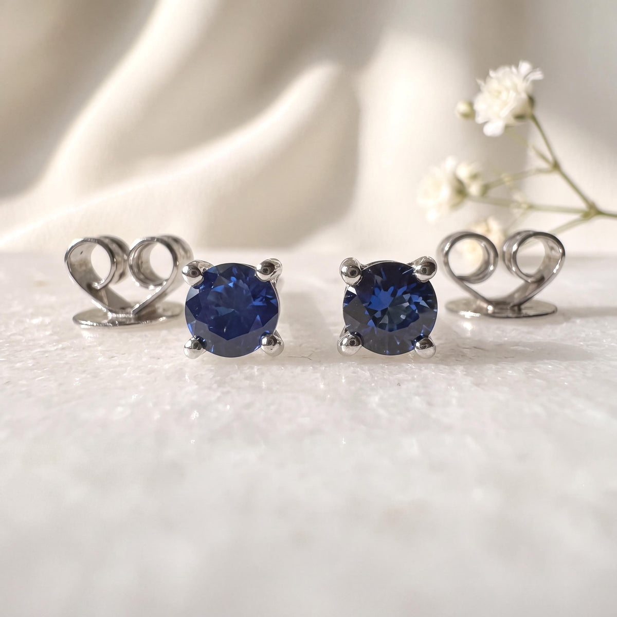 Genuine Sapphire Round Cut Solitaire Stud Earrings, 3mm, 14k Solid Gold, September Birthstone