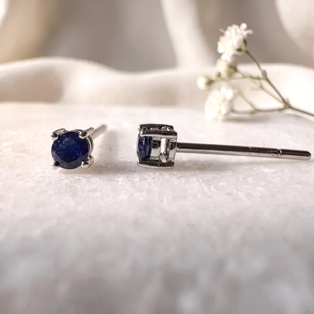 Genuine Sapphire Round Cut Solitaire Stud Earrings, 3mm, 14k Solid Gold, September Birthstone