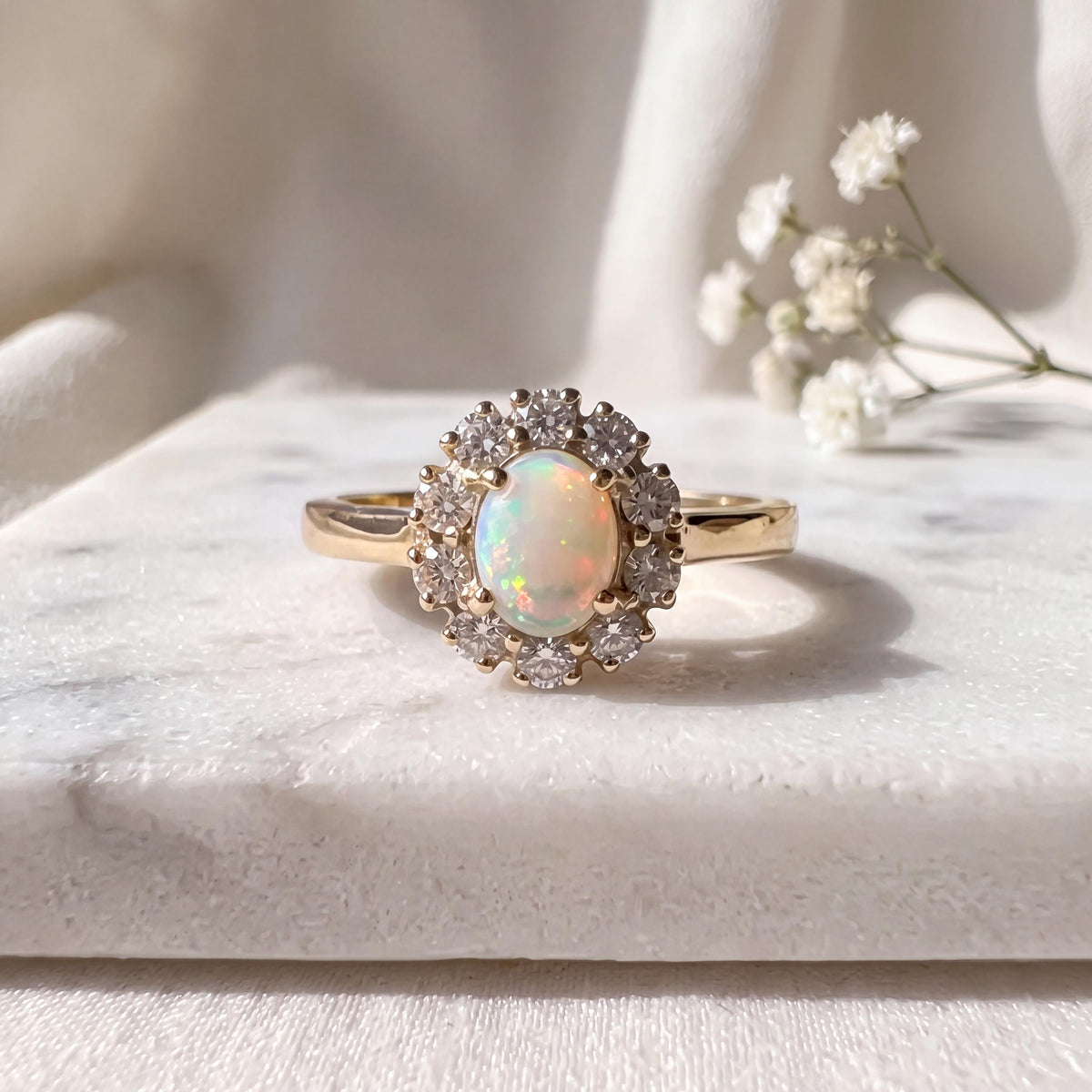 Oval Opal Diamond Halo Ring, 14k Solid Yellow Gold, October Birthstone, Opal Engagement Ring