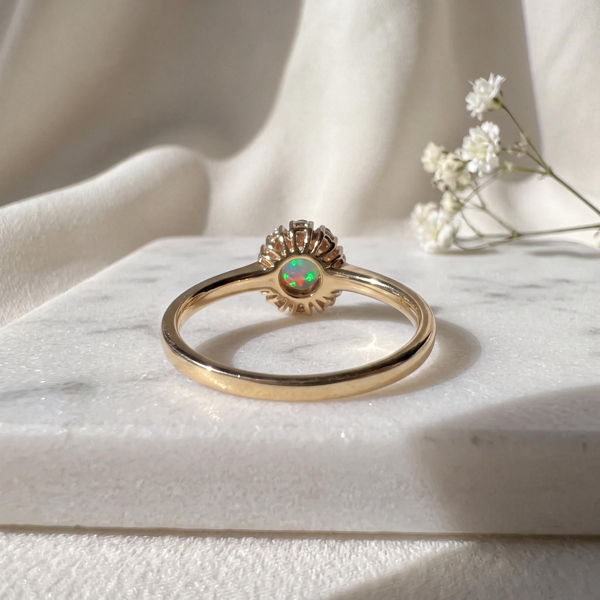 Oval Opal Diamond Halo Ring, 14k Solid Yellow Gold, October Birthstone, Opal Engagement Ring
