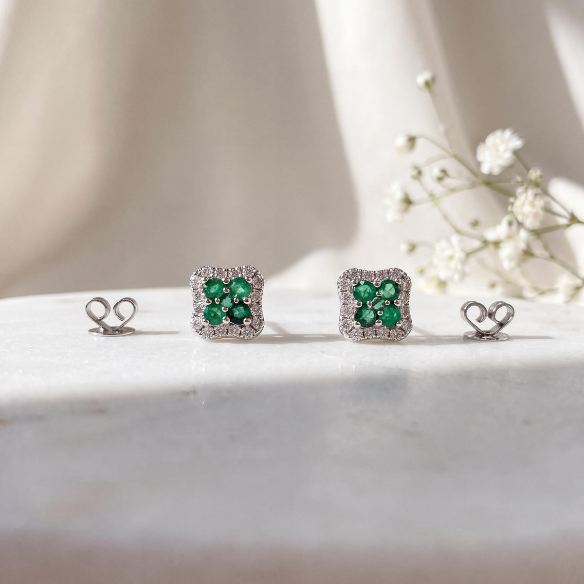 Genuine Emerald Diamond Square Halo Stud Earrings, 14k Solid White Gold, May Birthstone