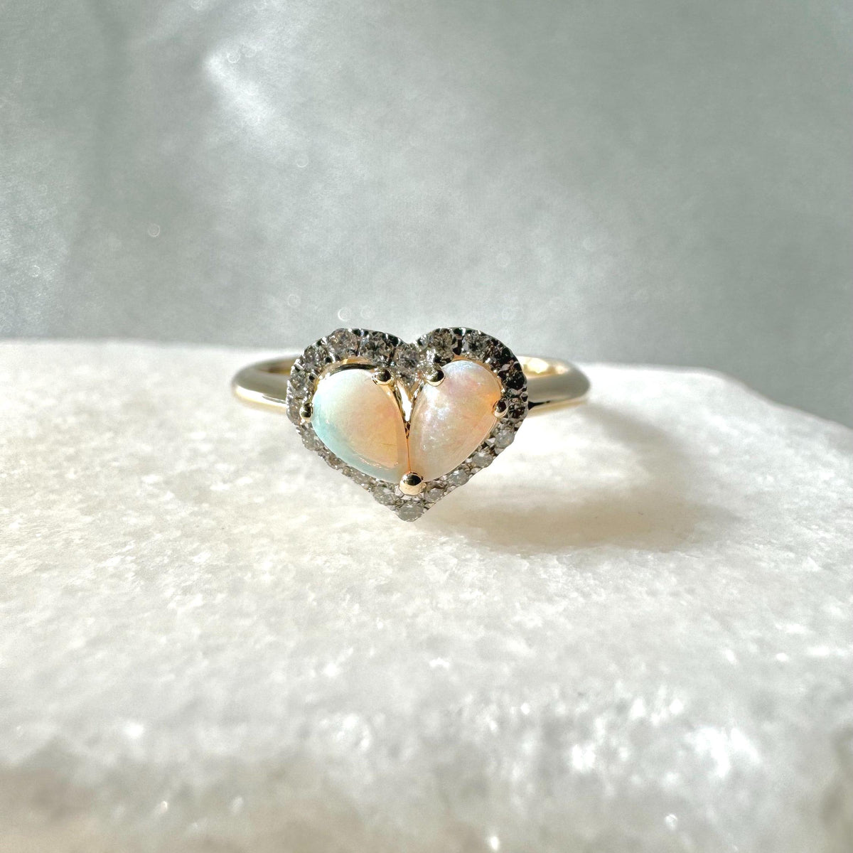 14k Yellow Gold Opal Diamond Heart Ring, Natural Gemstone Engagement Ring