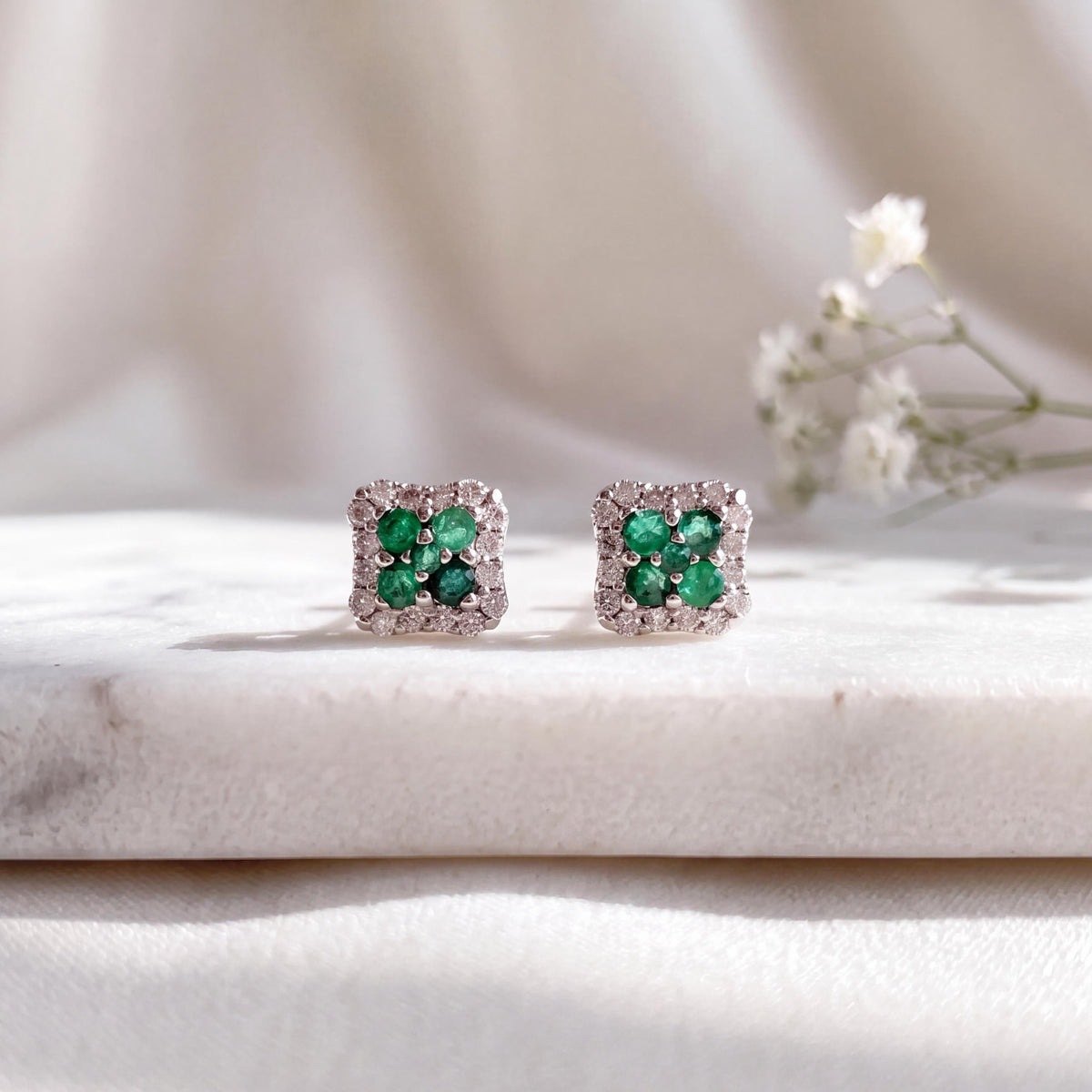 Genuine Emerald Diamond Square Halo Stud Earrings, 14k Solid White Gold, May Birthstone