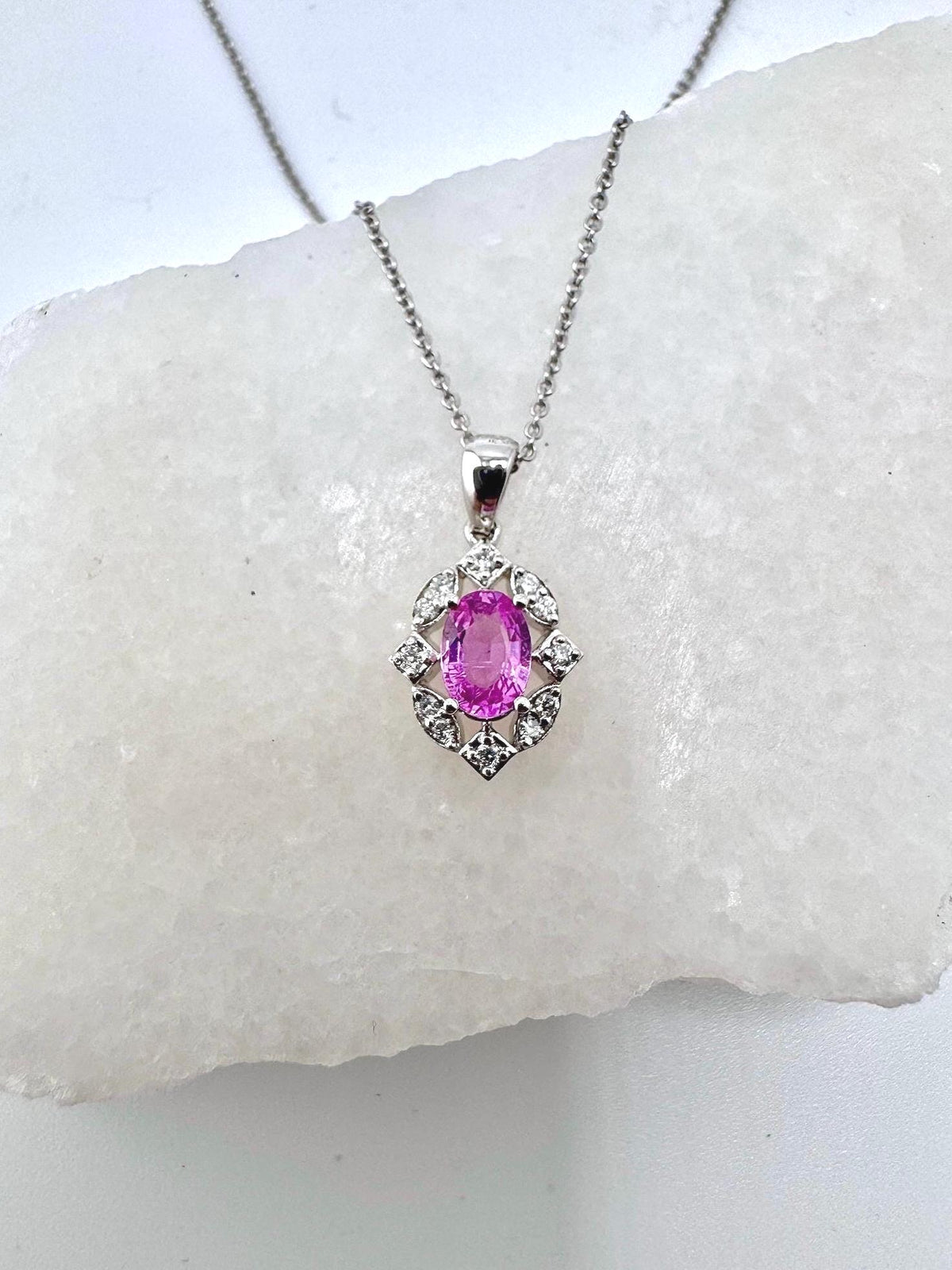 18k White Gold Pink Sapphire Diamond Halo Pendant Necklace, September Birthstone