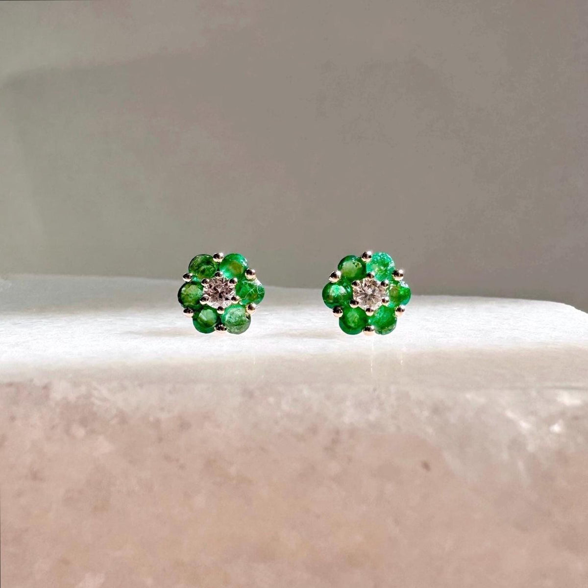 Natural Emerald Flower Stud Earrings, 6.5mm, 14k Solid Gold, May Birthstone Flower Jewelry