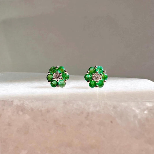 Natural Emerald Flower Stud Earrings, 6.5mm, 14k Solid Gold, May Birthstone Flower Jewelry