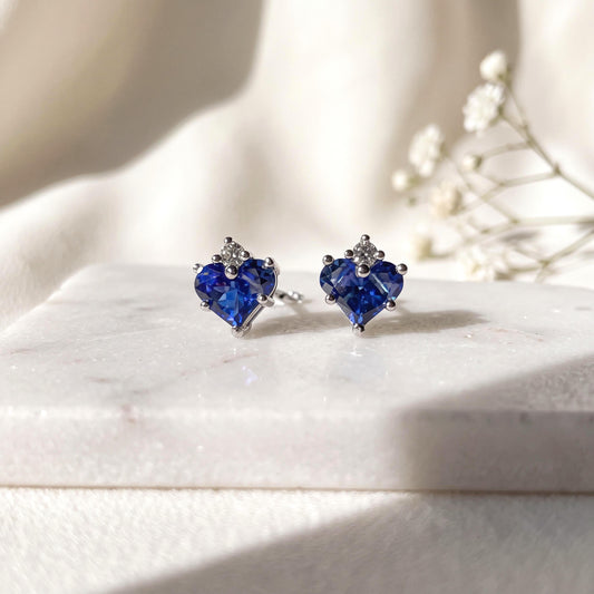 Genuine Sapphire and Diamond Heart Stud Earrings, 14k Solid Gold, September Birthstone