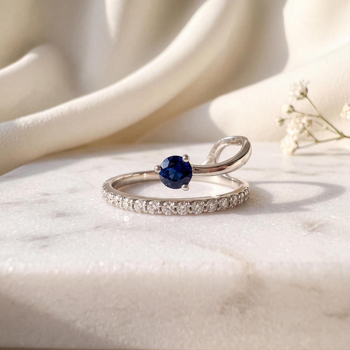 Genuine Sapphire and Diamond Layered Ring in 14k Solid Gold