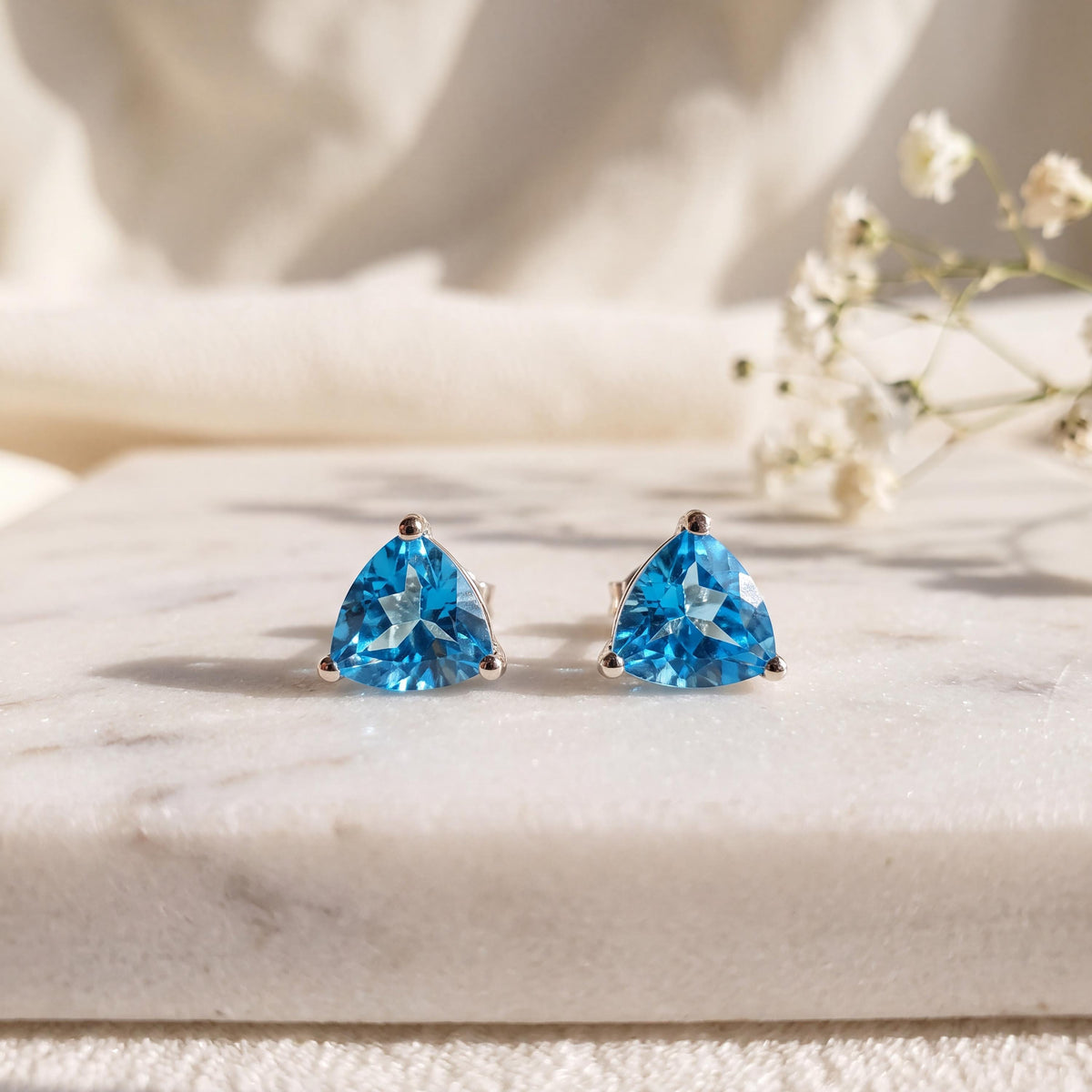 Genuine Blue Topaz Trillion Cut Stud Earrings, 14k Solid Gold, December Birthstone