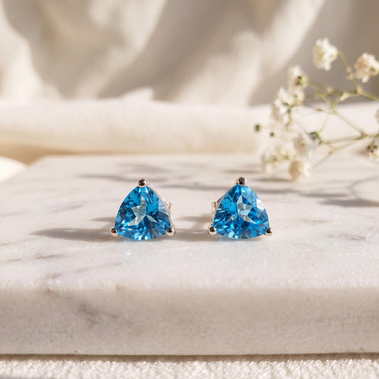 Genuine Blue Topaz Trillion Cut Stud Earrings, 14k Solid Gold, December Birthstone